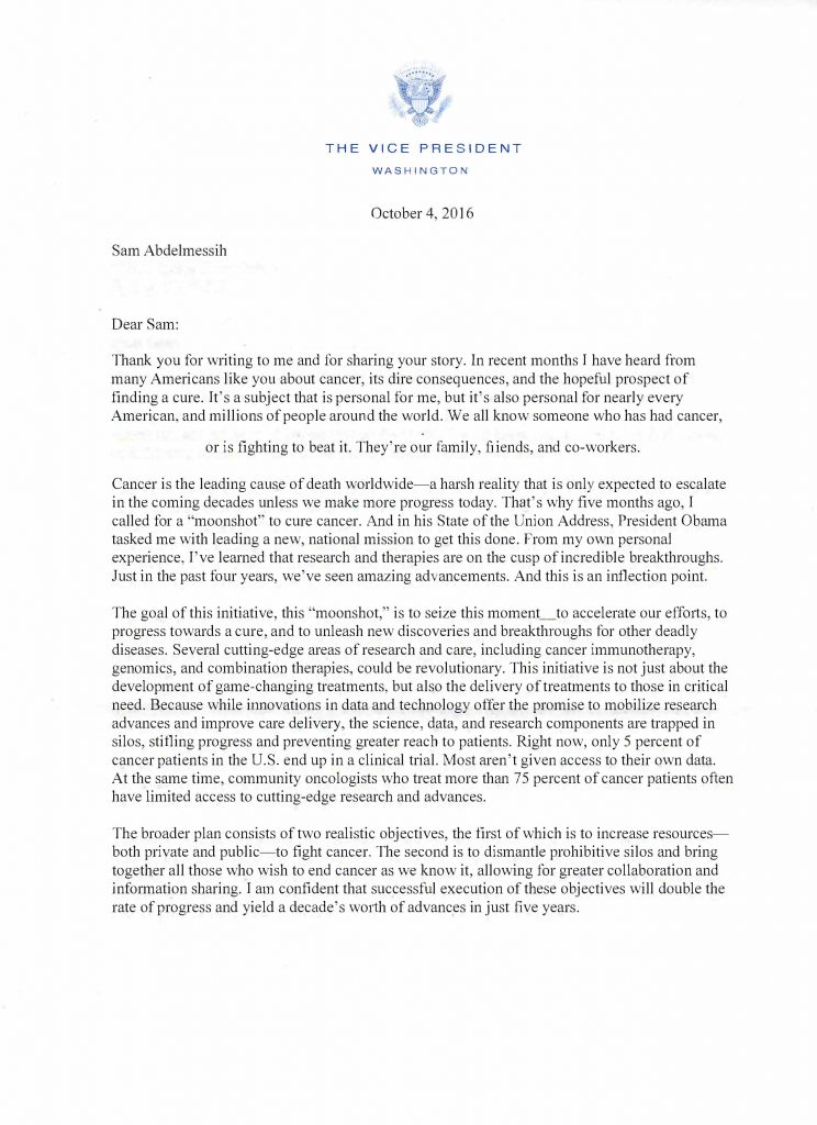 Letter from Vice President Joe Biden on 10/4/2016. page 1 of 2.